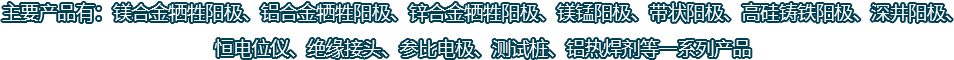 主要產(chǎn)品有：鎂合金犧牲陽(yáng)極、鋁合金犧牲陽(yáng)極、鋅合金犧牲陽(yáng)極、鎂錳陽(yáng)極、帶狀陽(yáng)極、高硅鑄鐵陽(yáng)極、深井陽(yáng)極、恒電位儀、絕緣接頭、參比電極、測(cè)試樁、鋁熱焊劑等一系列產(chǎn)品